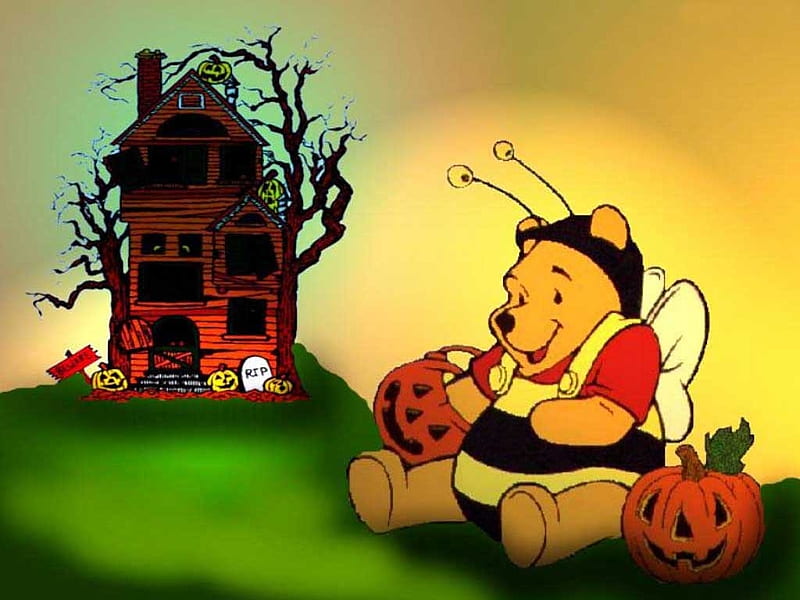 winnie the pooh, house, pooh, winnie, grass, pumpkin, bear, HD wallpaper