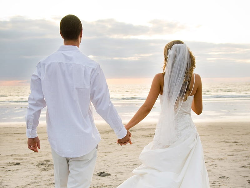 Just Married, hands, hold, beach, married, dress, marriage, white, HD wallpaper