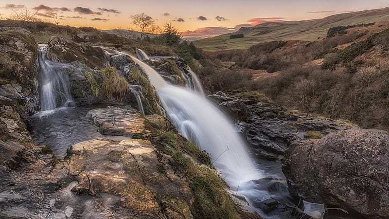 Sunset at the Loup Of Fintry, Central Scotland, landscape, highlands, cascades, mountains, river, sky, HD wallpaper