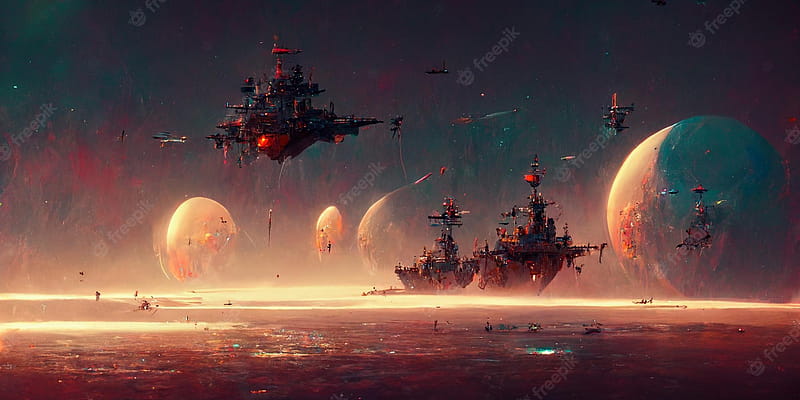 Premium . Futuristic scifi battle space ships hover over an acid ocean of an alien planet, 3D render, HD wallpaper