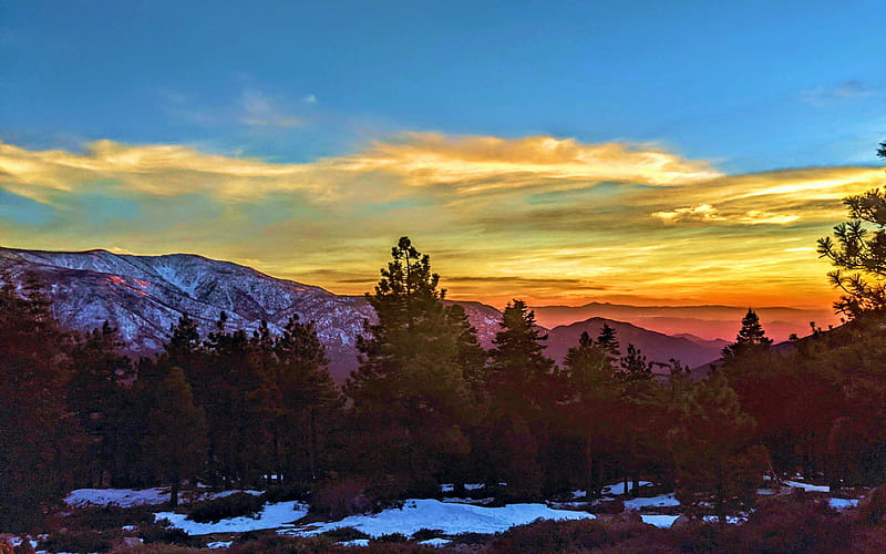 Big Bear, California, on Snow Summit, clouds, sky, usa, mountains, sunset, trees, HD wallpaper