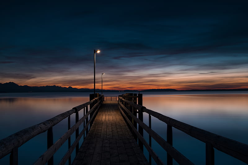 lamp post turned-on at brown wooden dock, HD wallpaper