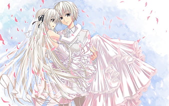 Download wallpaper girl, guy, anime, art, wedding dress, Kazuma
