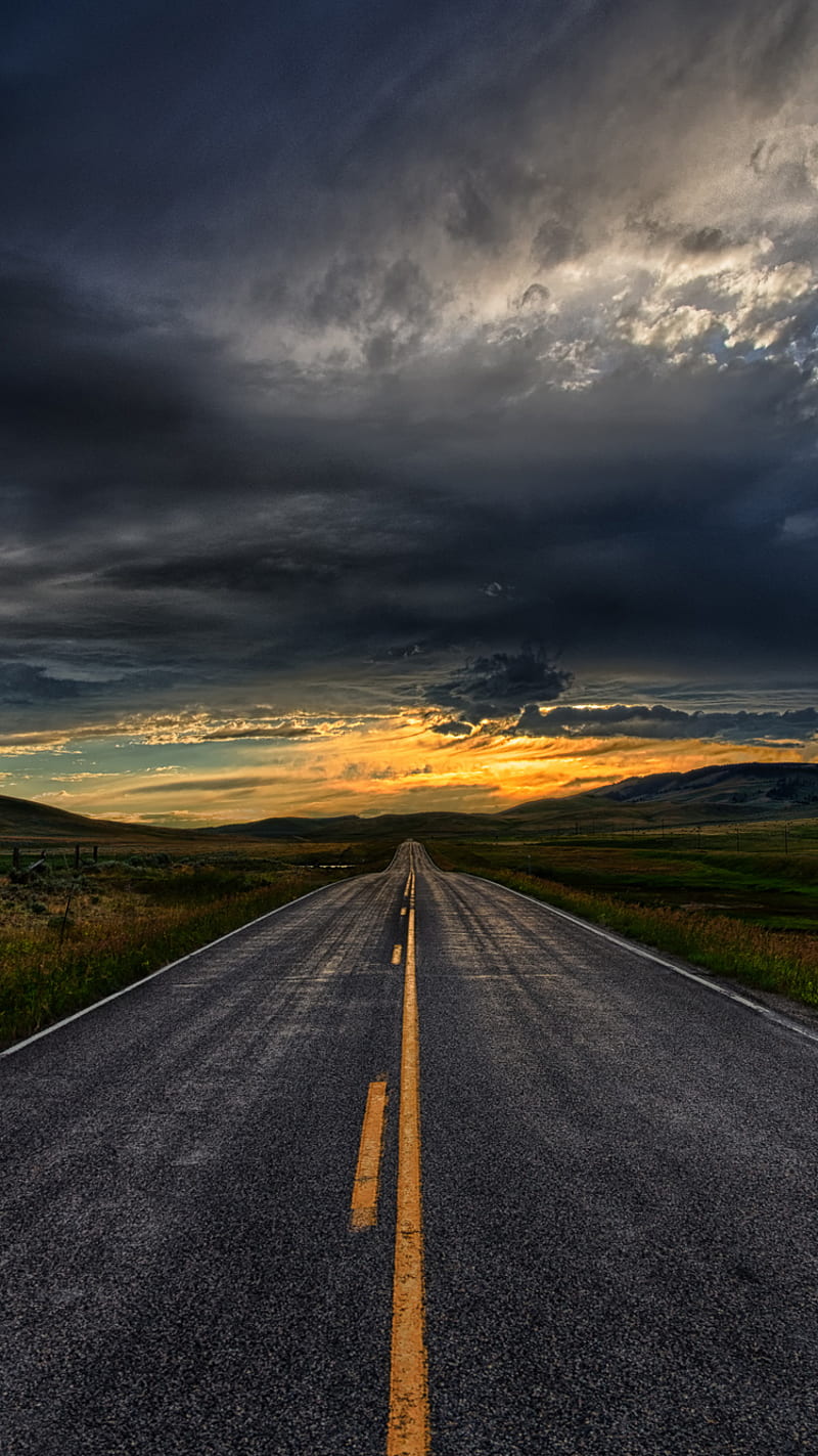 Straight Road, asphalt, clouds, evening, hills, nature, road, sky, straight, HD phone wallpaper