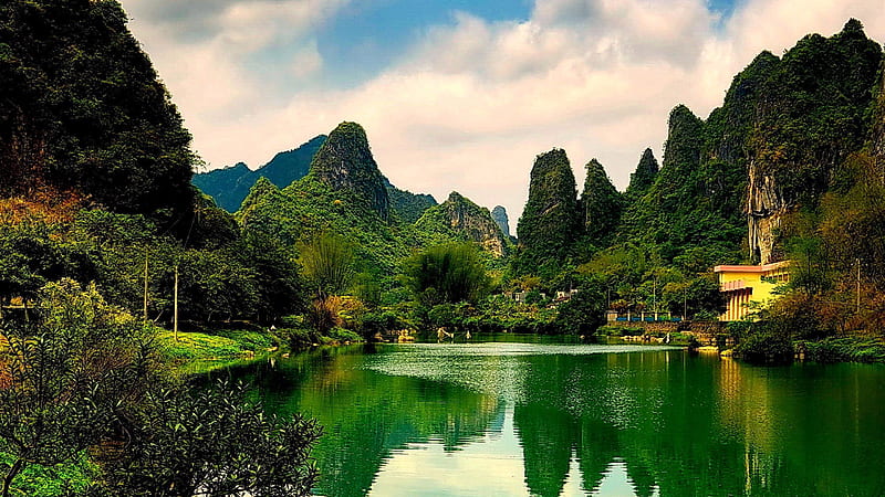 Landscape View Of Green Plants Covered Mountains With Reflection On River Nature, HD wallpaper