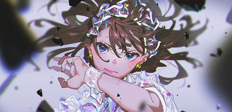 shattered object, anime girl, wristwear, blue eyes, brown hair, Anime, HD wallpaper