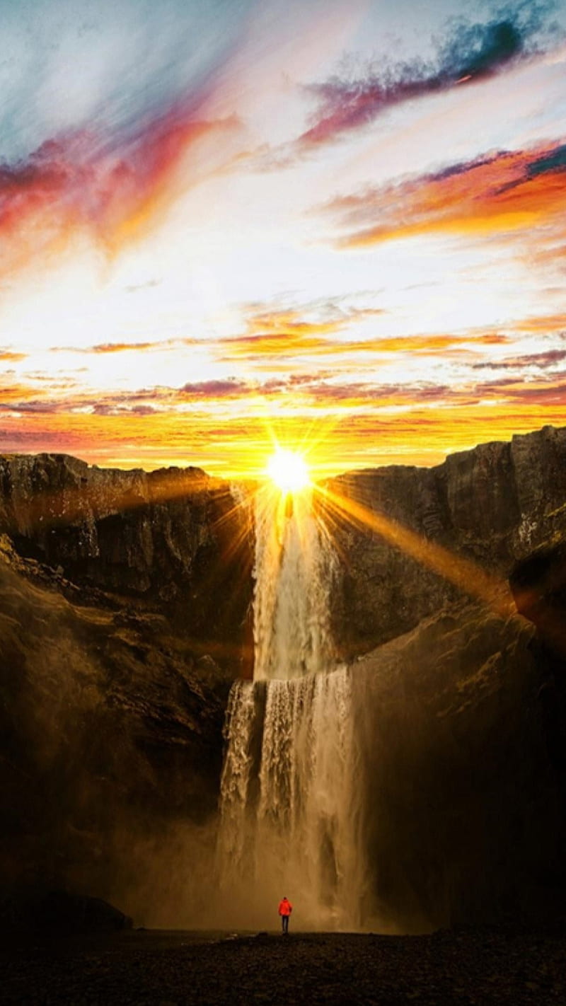 sunrise, landscape, waterfall, sun, water, sky, nature, HD phone wallpaper