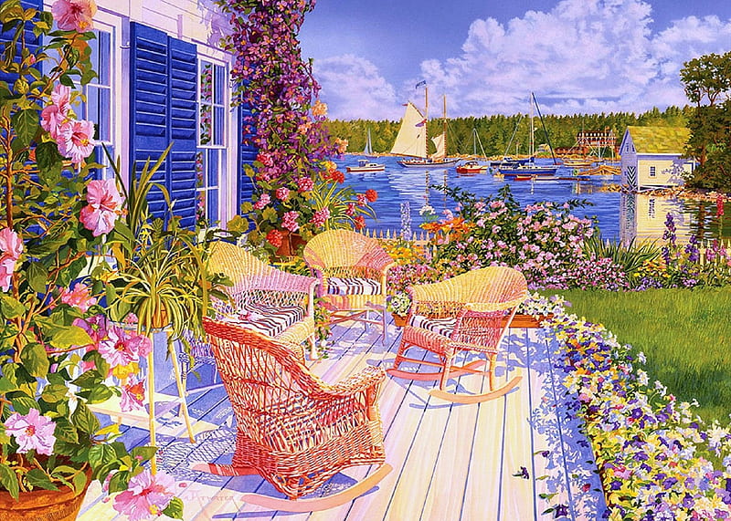 ✼Maxcy's View of the Cove✼, gardening, home, digital art, seasons, paintings, chairs, flowers, drawings, transpotation, houses, cove, love four seasons, creative pre-made, spring, nautical, nature, sailboats, HD wallpaper