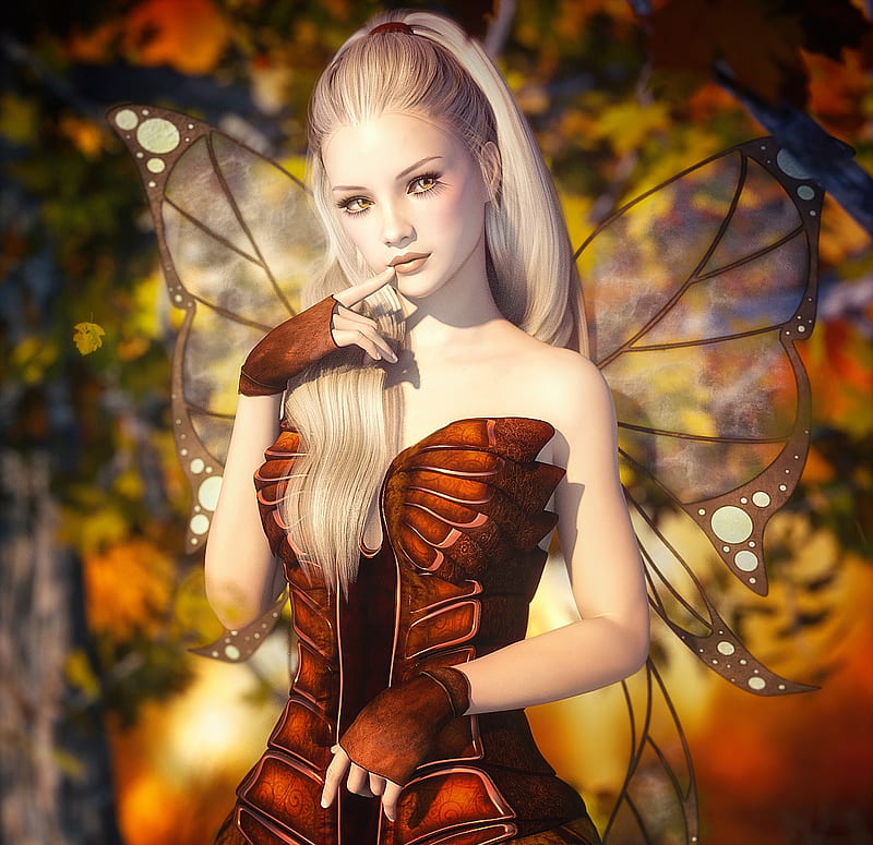 Autumn fairy, autumn, frumusete, orange, luminos, antoine, yellow, lamuserie, leaf, fantasy, girl, fairy, HD wallpaper
