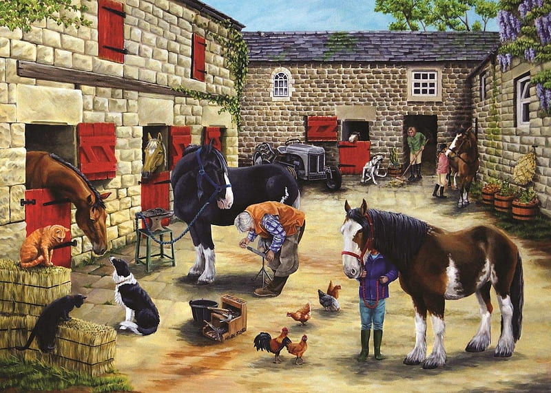 Farrier's visit, cal, art, chicken, painting, farrier, horse, pictura, dog, border collie, HD wallpaper