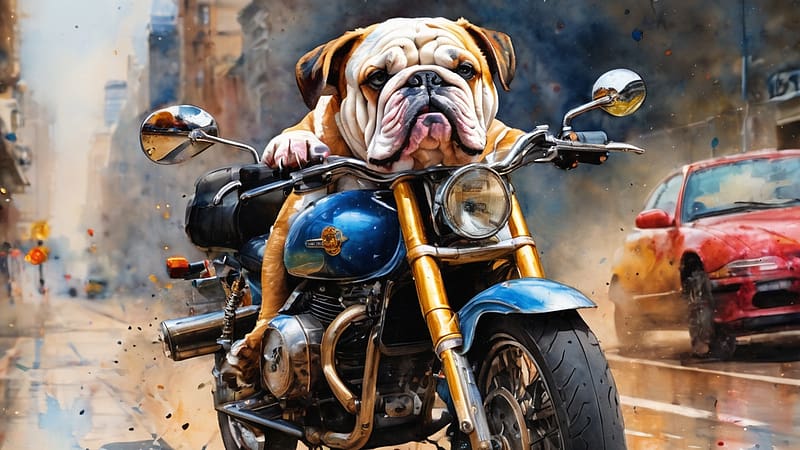 British Bulldog Riding Motorcycle, animal, motorcycle, bulldog, british, HD wallpaper