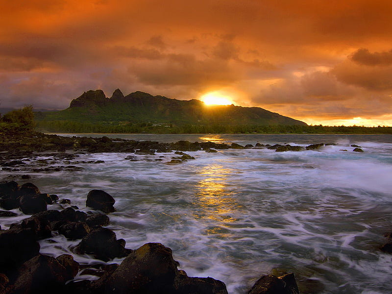 ISLAND SEASCAPE AT DAWN, beach, stones, sunset, island, sea, HD wallpaper