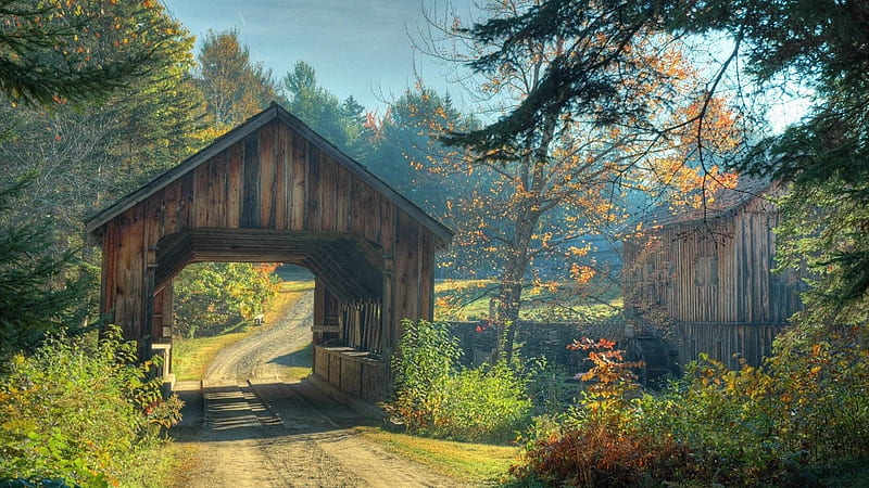 Covered bridge, lovely, back in the day, 1600x900, Pastel, HD wallpaper