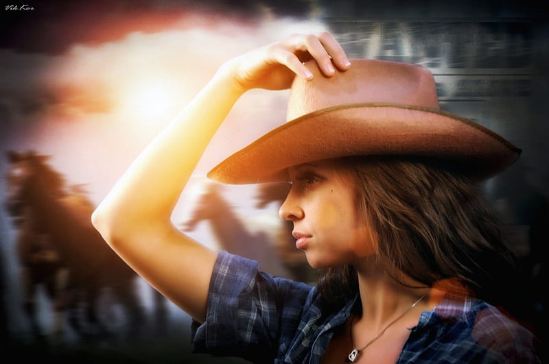 COWGIRL GAZING AT SUNSET, HAT, COWGIRL, SKY, CLOUDS, HD wallpaper