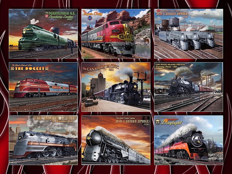 Art Deco Train Collage, train, art deco, steam, american, vintage, HD wallpaper