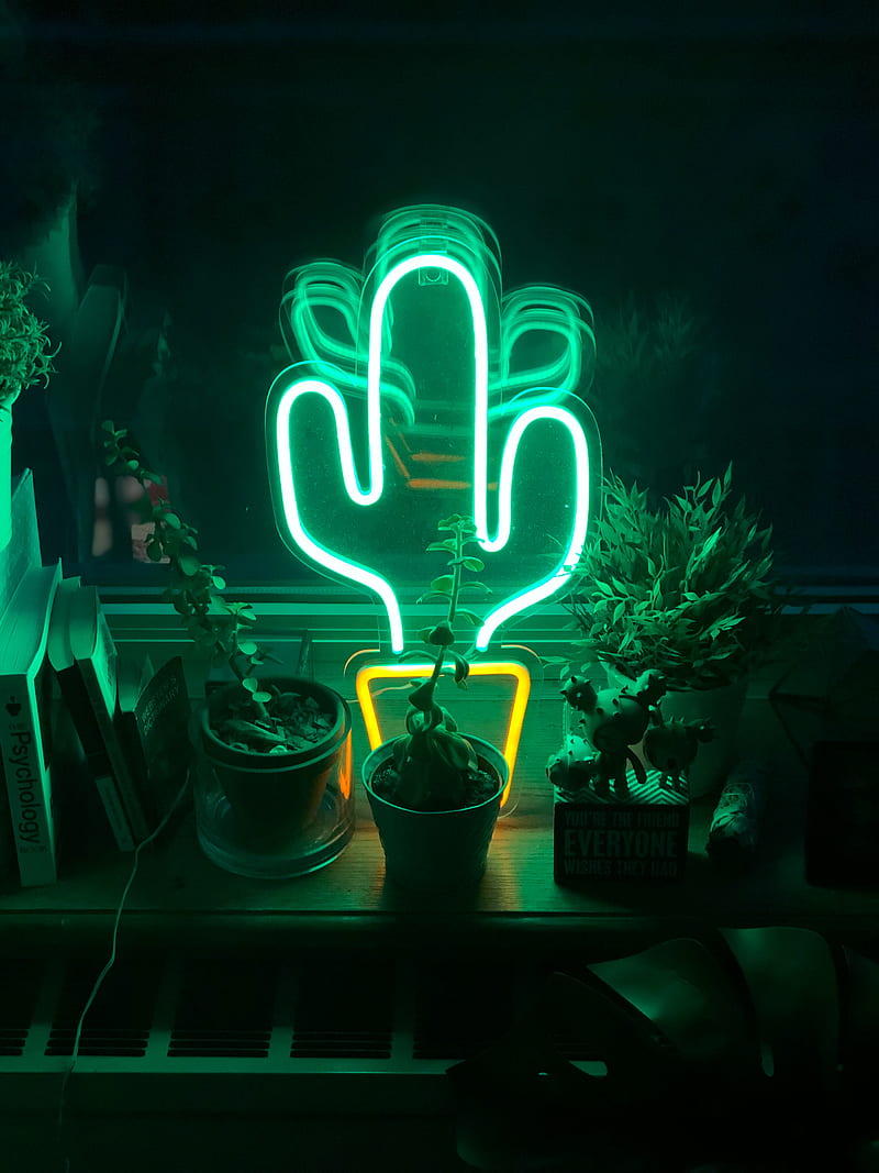 neon, cactus, flowers, light, green, HD phone wallpaper