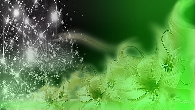 Glowing Green Lilies, irish, stars, green, shine, lilies, st patrick, saint paticks day, HD wallpaper