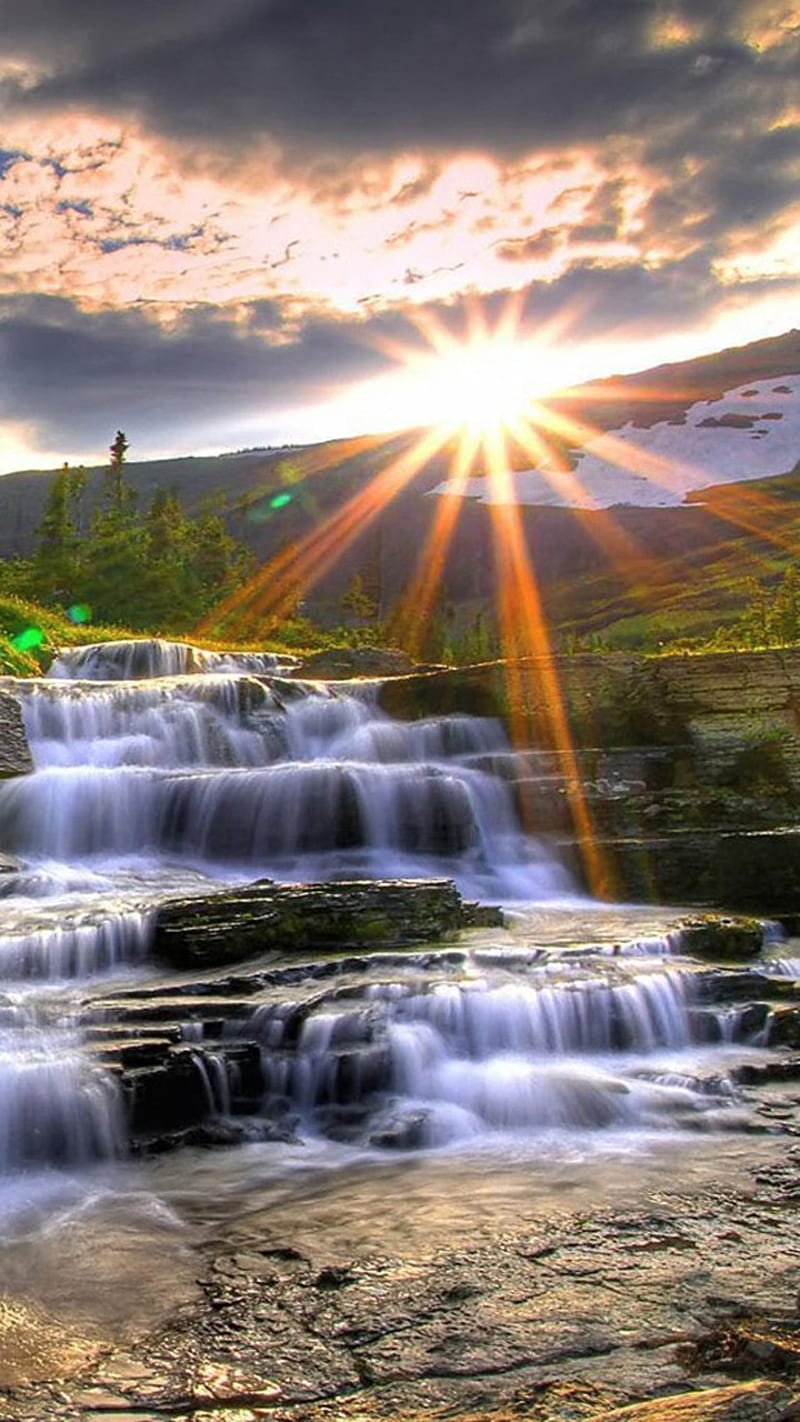 Sunlight and waterfall , nature, sun, HD phone wallpaper