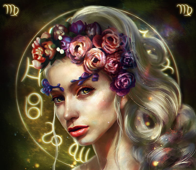 Zodiac ~ Virgo, daria ridel, fantasy, virgo, rose, girl, flower, zodiac,  face, HD wallpaper | Peakpx