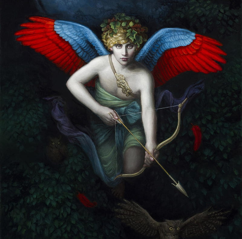 Cupid, red, art, wings, luminos, angel, black, arrow, boy, fantasy, painting, pictura, archer, chie yoshii, blue, HD wallpaper