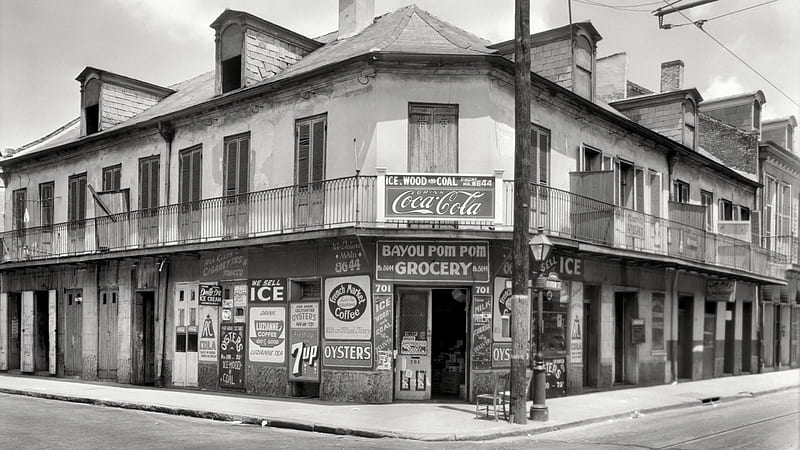 1937 store on a corner of bourbon street, store, street, vintage, BW, HD wallpaper