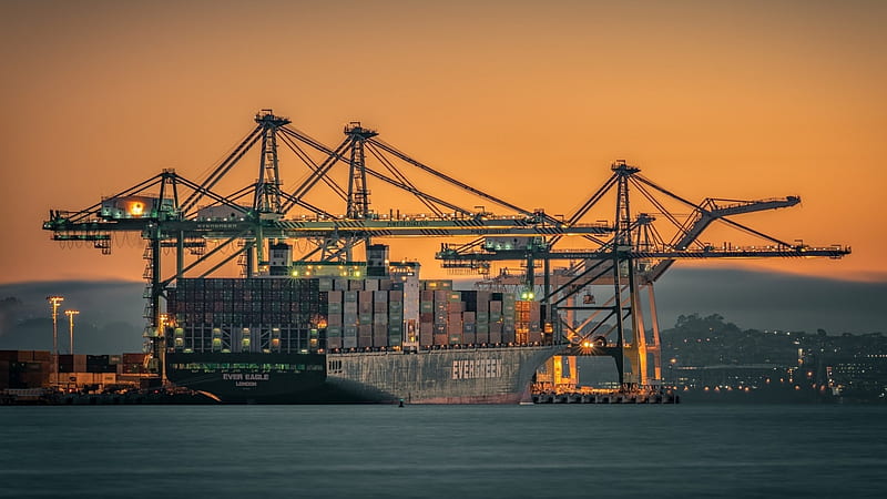 cargo ship, ship, container, port, cargo, ocean, crane, HD wallpaper