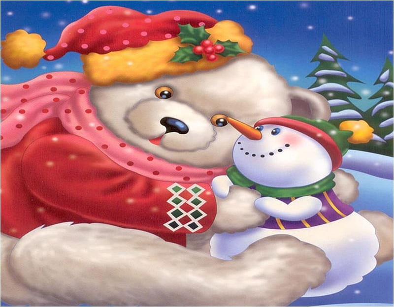 Christmas embrace, cute, christmas, holiday, hugs, bear, polar, snowman, HD wallpaper