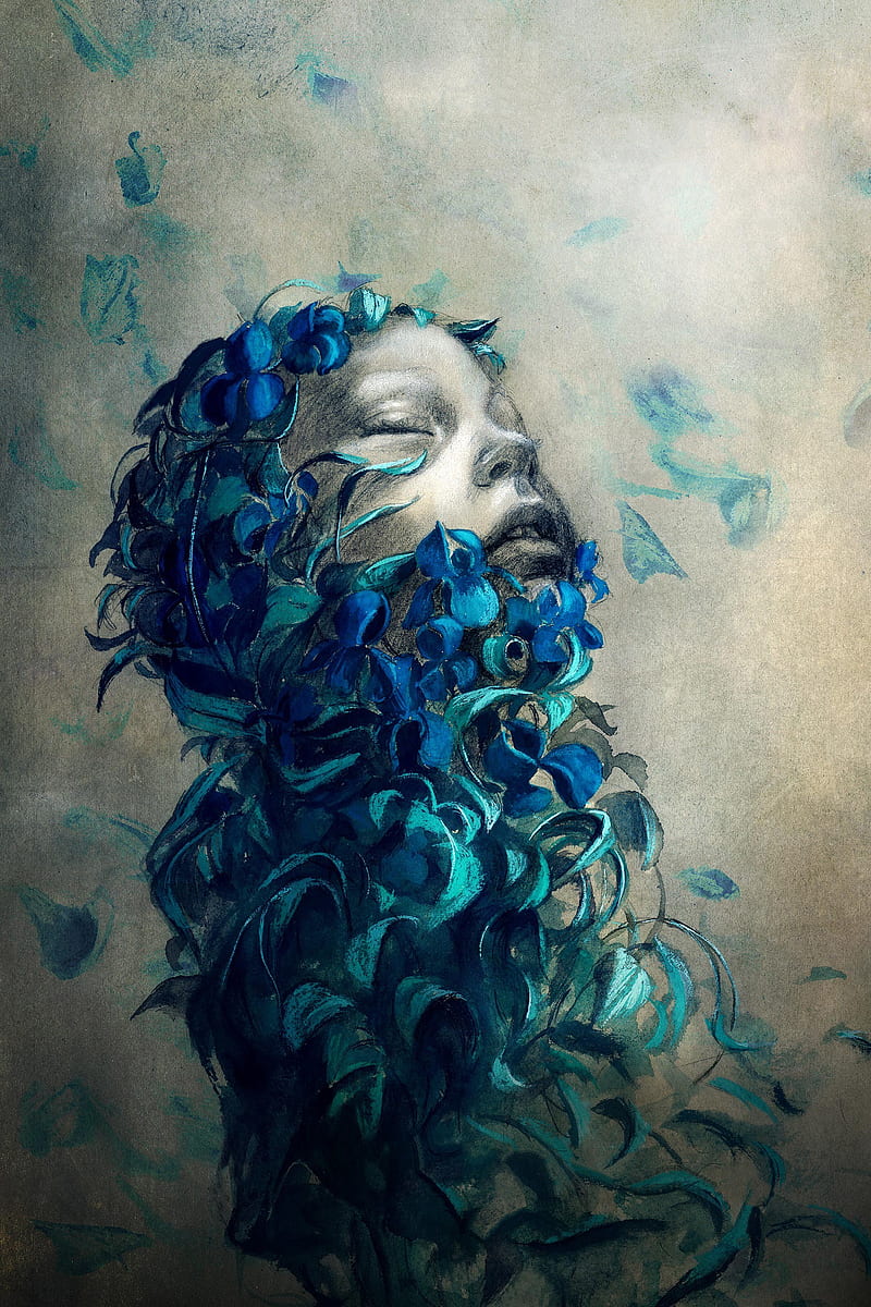 digital art, abstract, simple background, face, closed eyes, flowers, flower petals, drawing, portrait display, blue, HD phone wallpaper