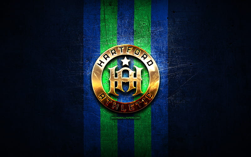 Hartford Athletic FC, golden logo, USL, blue metal background, american soccer club, United Soccer League, Hartford Athletic logo, soccer, USA, HD wallpaper