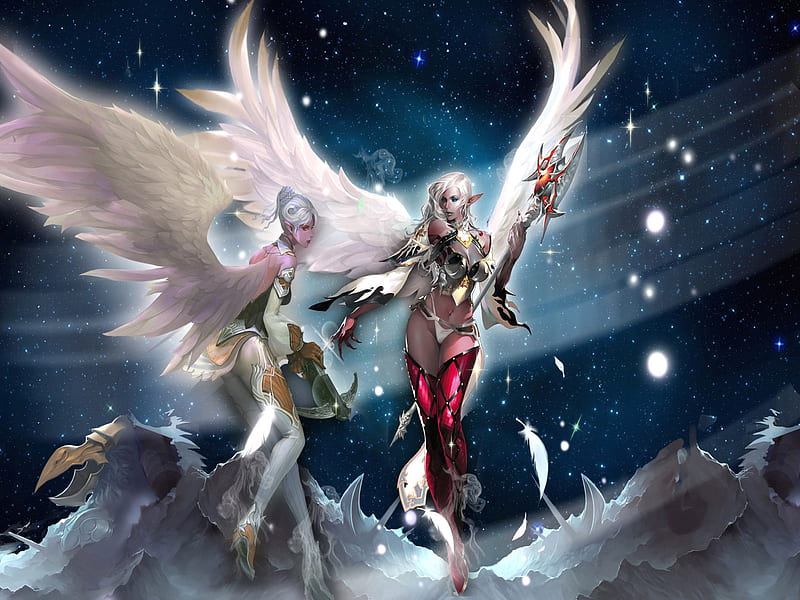 Stars Angel, stars, fantasy, wings, feather, angel, video game, lineage, two female, HD wallpaper
