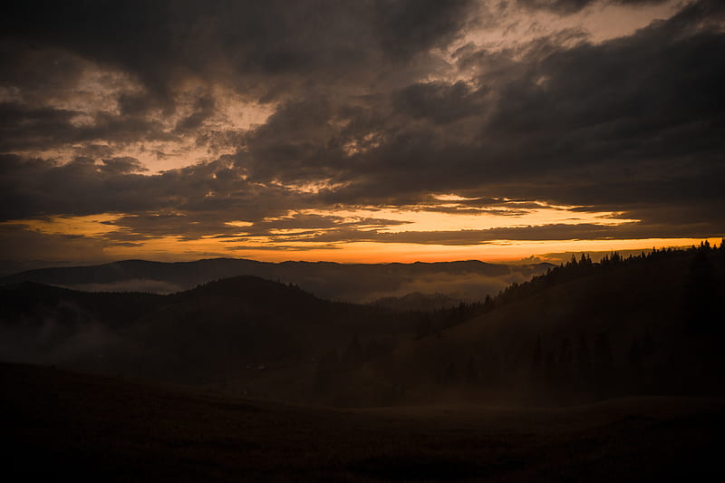 mountains, fog, dusk, sunset, clouds, aerial view, HD wallpaper