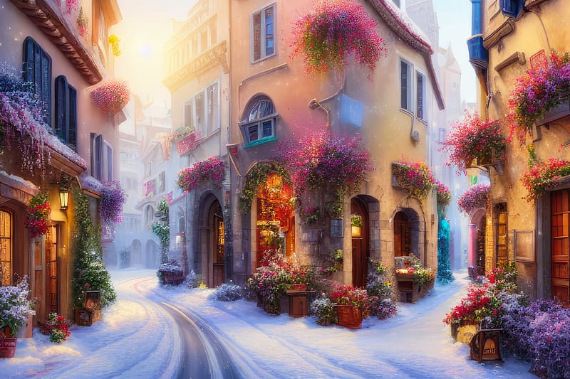 Mediterranean street scene, snow, scene, peaceful, narrow, winter, town, beautiful, Mediterraneo, flowers, street, village, houses, art, HD wallpaper
