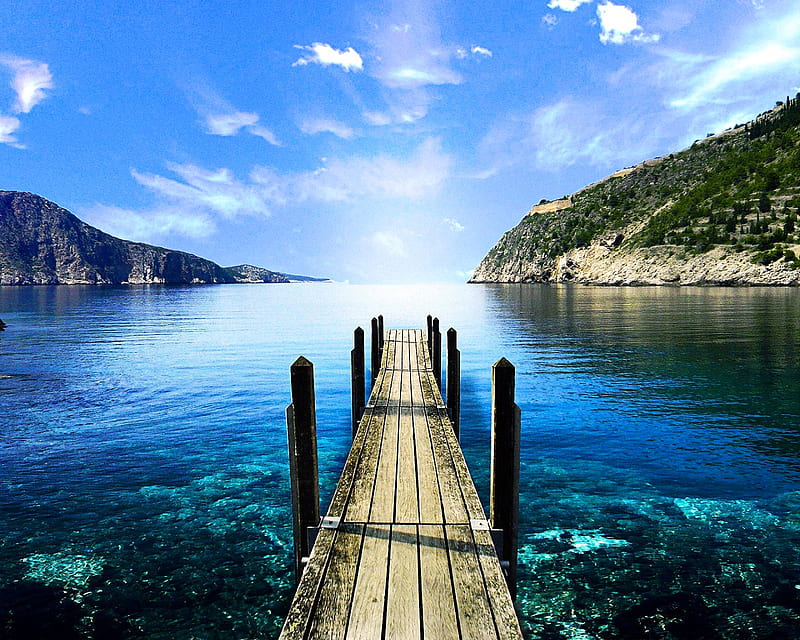 Lake Dock, blue, clouds, dock, lake, mountains, scenic, serene, sky, HD wallpaper