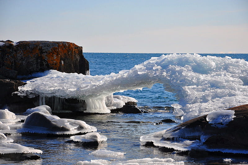 Ice bridge, rocks, formation, ice, lake, blue, HD wallpaper
