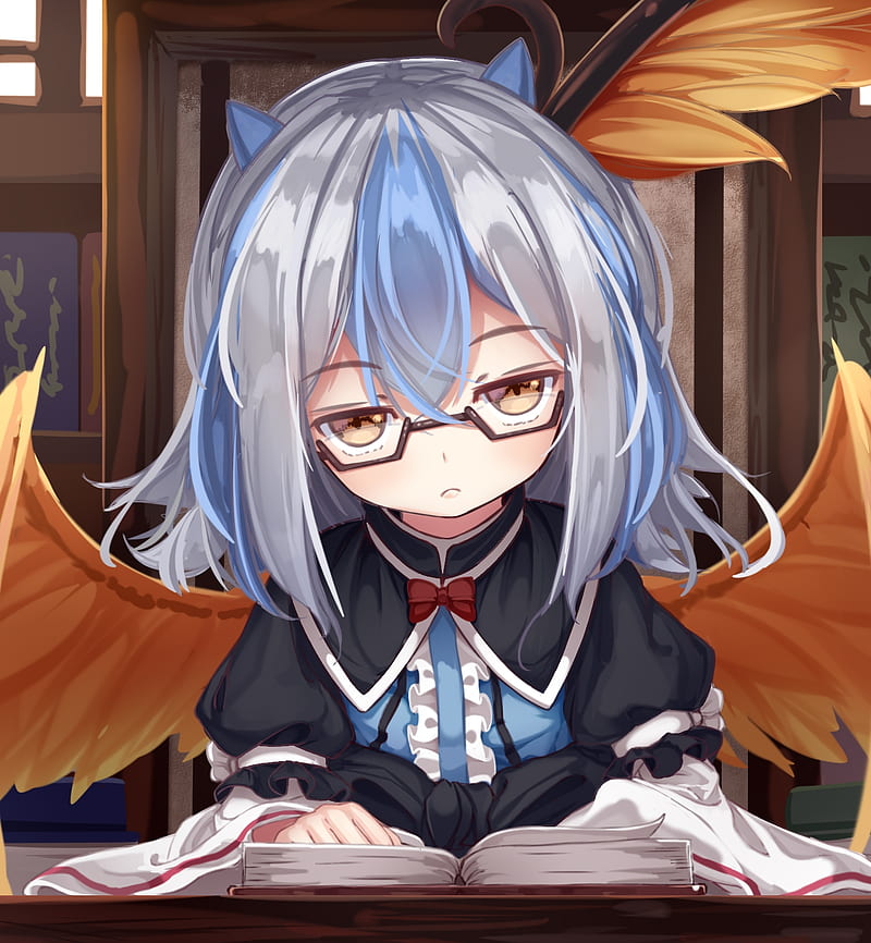 touhou, hineko, glasses, reading, wings, Anime, HD phone wallpaper