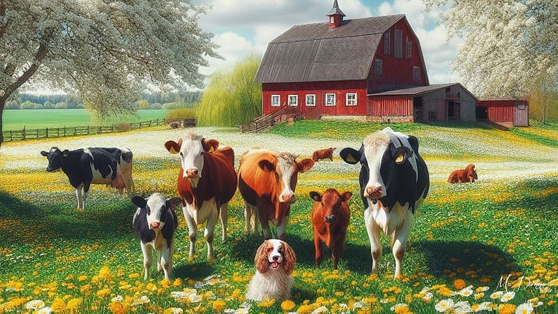 Spring Farm, barn, calf, dog, spring, country, farm, cows, trees, summer, cattle, HD wallpaper