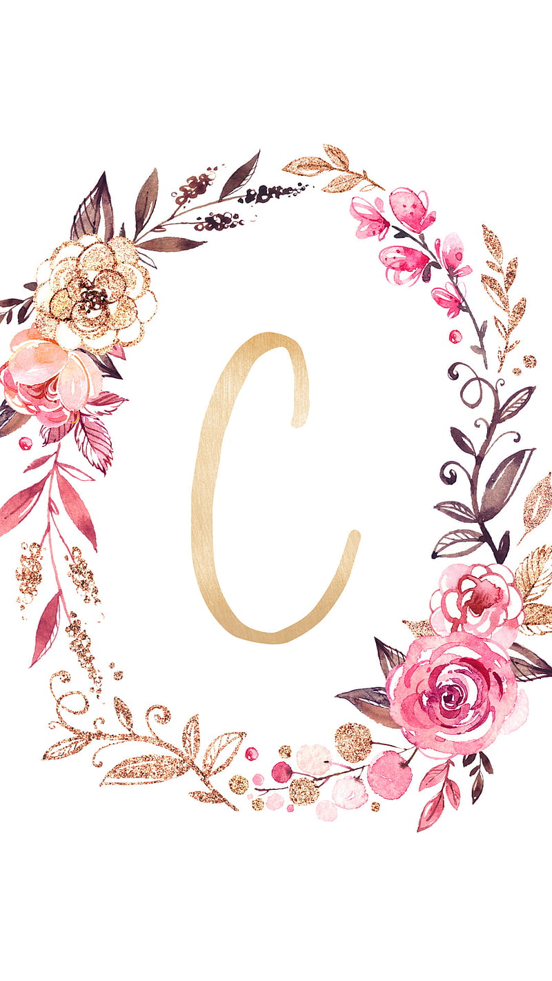 C Monogram, flowers, gold, initial, leaves, letter, monogram, pink, white, HD phone wallpaper