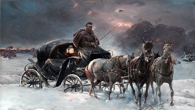 The snow storm, art, snow, Alfred-von-Verush-Kowalski, painting, pictura, horse, storm, winter, HD wallpaper