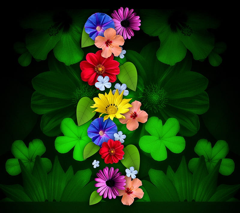flowers, colorful, green, leaves, HD wallpaper