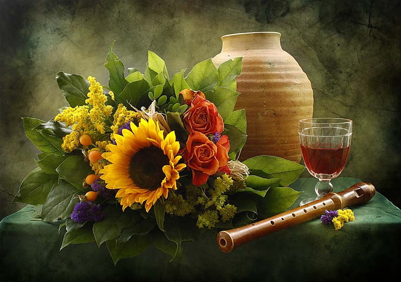 still life, pretty, rose, vase, bonito, old, graphy, leaves, nice, green, flowers, drink, beauty, harmony lovely, wine, music, colors, sunflower, roses, cool, earthenware, bouquet, cup, flower, HD wallpaper