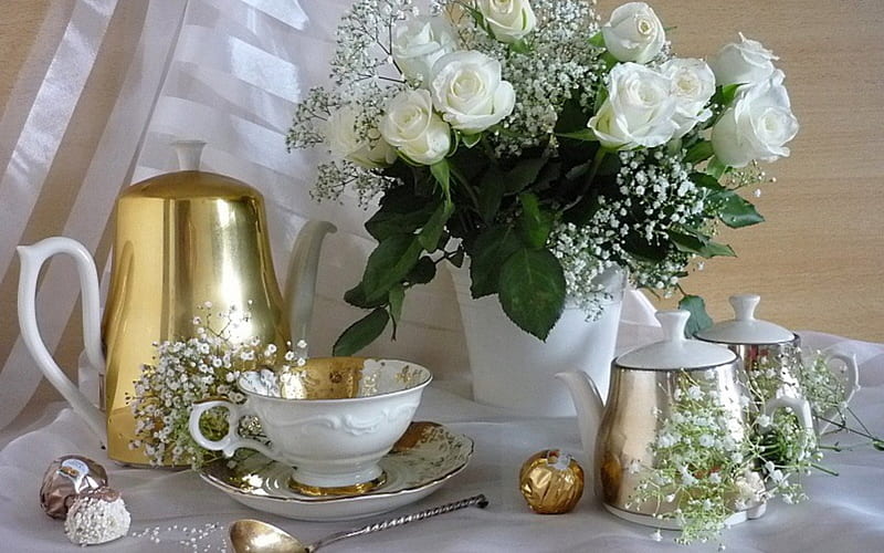 Classic chic, tea time, still life, flowers, white roses, HD wallpaper