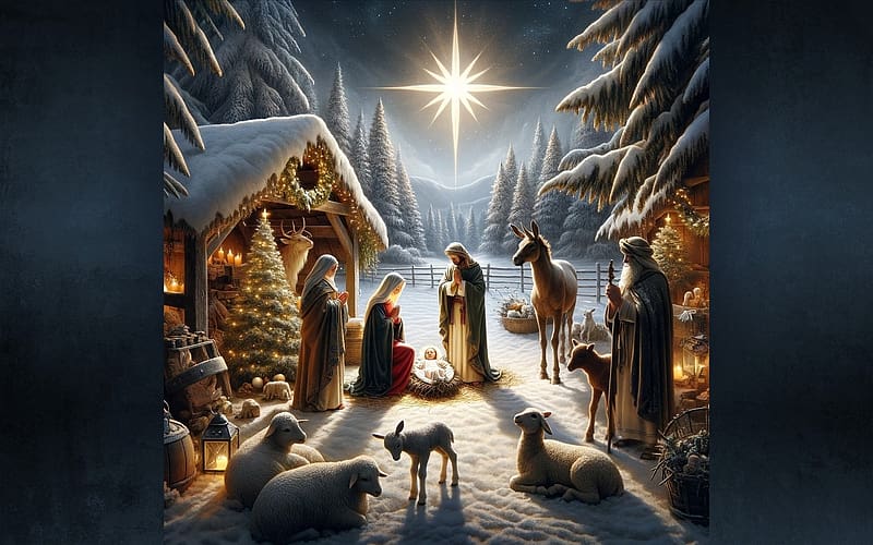 Nativity Scene, Jesus Baby, star, AI art, Nativity, Christmas, animals, Holy Family, shepherd, HD wallpaper