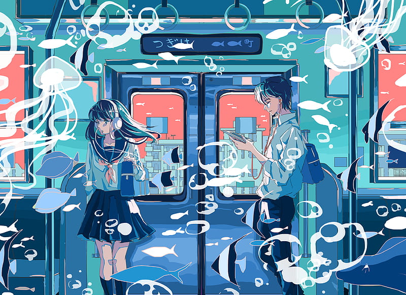 Anime, Original, Boy, Fish, Girl, Train, HD wallpaper