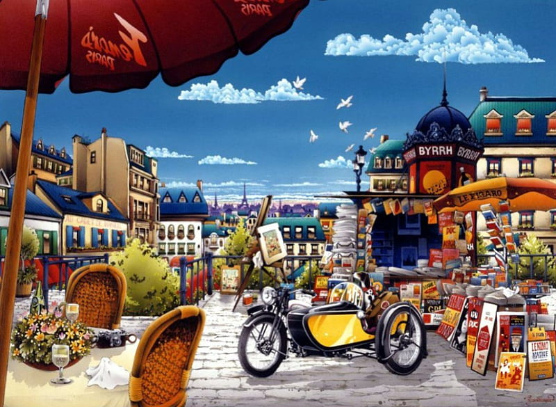 The Newspaper Stand, city, eiffel tower, painting, umbrella, paris, bike, clouds, artwork, HD wallpaper
