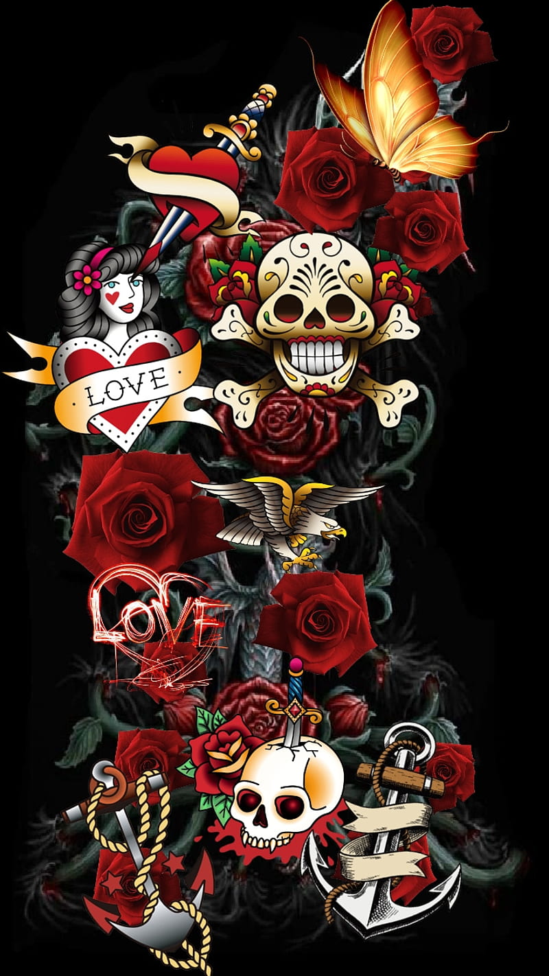 Fiery, butterfly, flowers, corazones, love, pink, red, roses, skull, sugar, sword, HD phone wallpaper