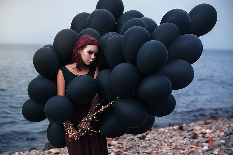 Girl With Black Ballons, girls, balloons, black, HD wallpaper