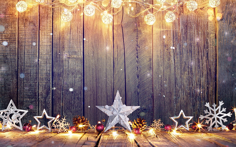 christmas decorations, stars, Happy New Year, wooden background, christmas, xmas, Merry Christmas, HD wallpaper