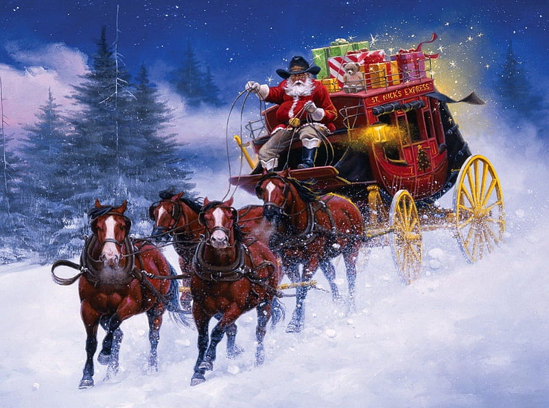 Santa's coming, pretty, children, bonito, snowy, santa claus, mountain, nice, painting, arrival, deers, kids, blue, lovely, holiday, christmas, new year, sky, joy, trees, horses, snow, slope, gifts, coming, HD wallpaper