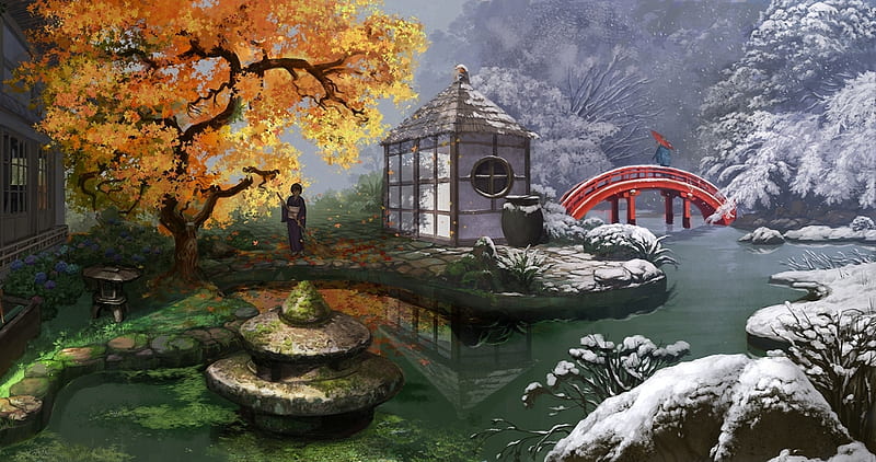 asian garden, autumn, rt, umbrella, hydrangeas, asia, kimono, winter, pond, leaves, snow, bridge, flowers, girls, times of the year, HD wallpaper
