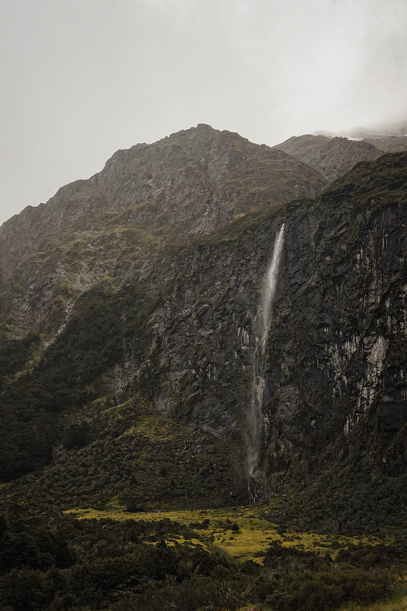 waterfall, cliff, fog, new zealand, HD phone wallpaper